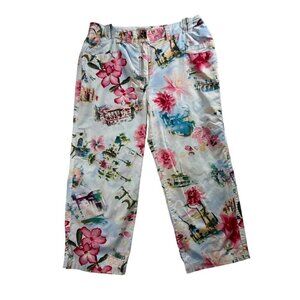 Chicos 1 Womens 8 Tropical Travel Cropped Sateen Pants Beachy Artsy Bloomcore